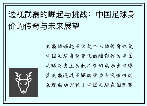 透视武磊的崛起与挑战:中国足球身价的传奇与未来展望 透视武磊的崛起与挑战:中国足球身价的传奇与未来展望