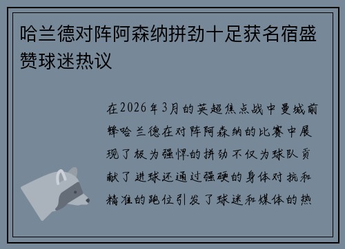 哈兰德对阵阿森纳拼劲十足获名宿盛赞球迷热议 哈兰德对阵阿森纳拼劲十足获名宿盛赞球迷热议