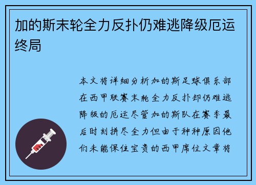 加的斯末轮全力反扑仍难逃降级厄运终局
